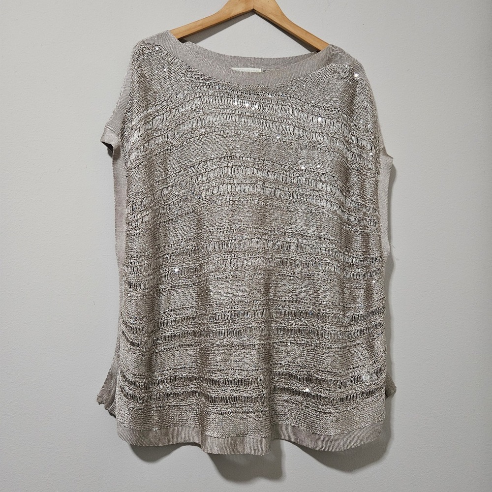 Forever 21 Plus Gold Sequin Metallic Open Knit Sweater Top 2X 3X Cap Sleeve Boxy